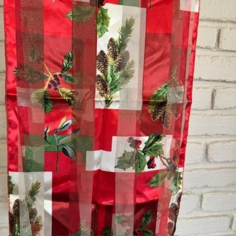 Vintage Christmas Holly Pinecone‎ Red Checkered Sheer Stripe Polyester Scarf